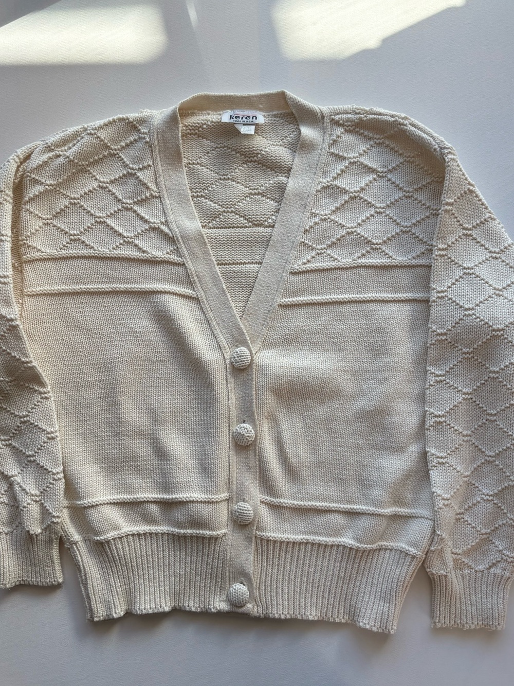 Vintage Keren 100% Cotton Cardigan Made in USA Ivory Knit Sweater Large